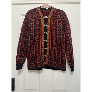 Foggjo Cardigan Sweater Womens Large Red Black Fair‎ Isle Wool Nordic Pewter